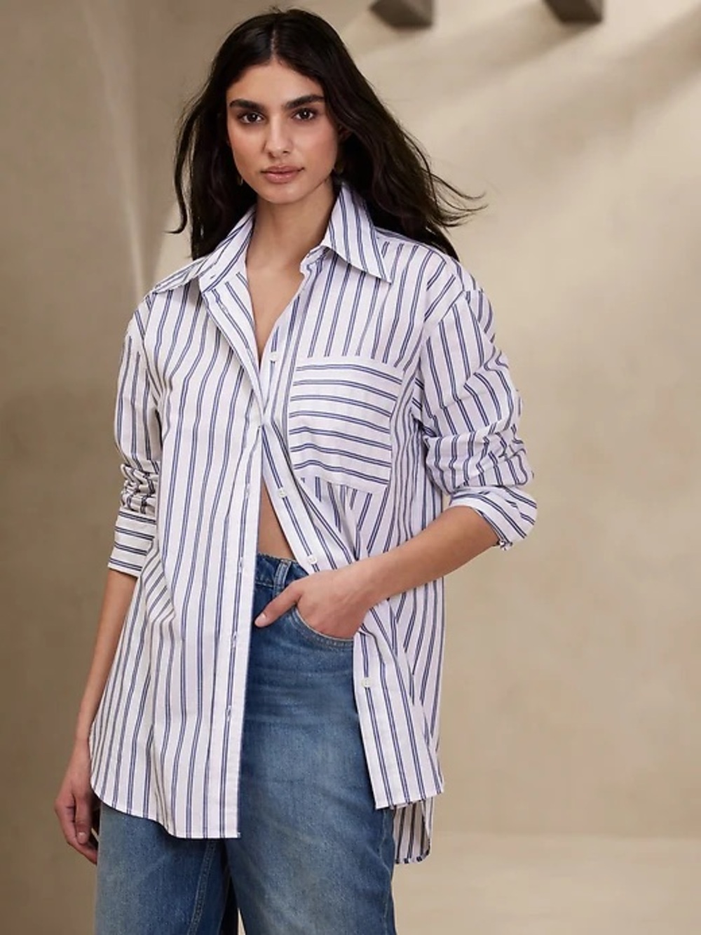 Banana Republic The Oversized Shirt Large Button-Down Shirt w/ Navy Stripes NEW